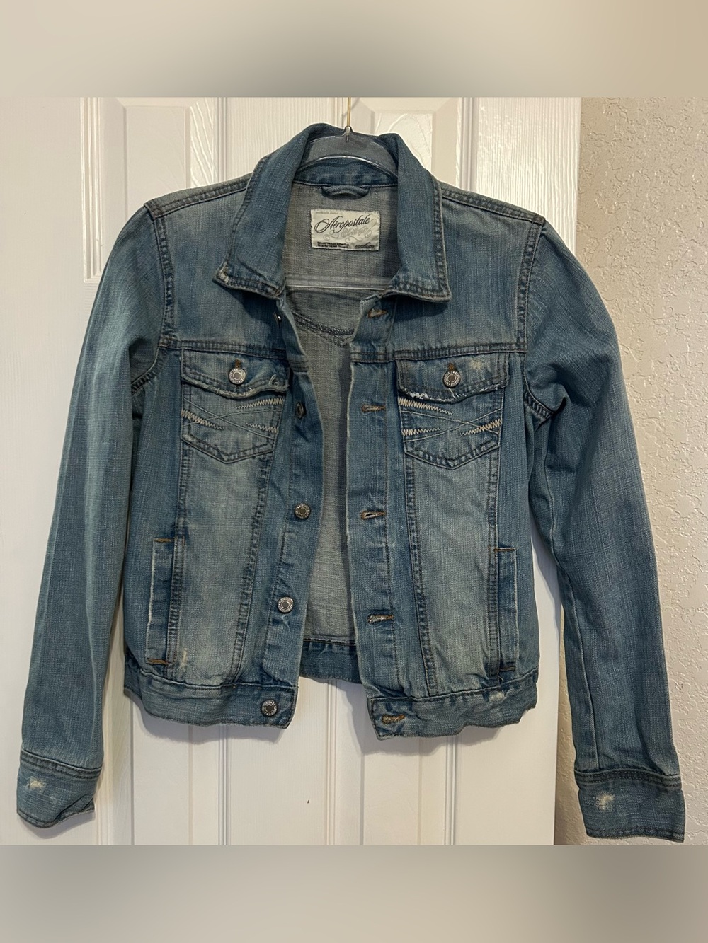 Aeropostale Women's Faded Distressed Blue Denim Jacket